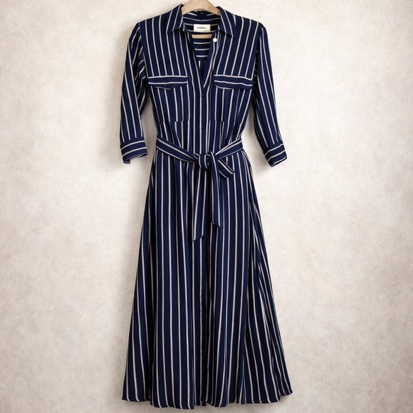 L'Agence Cameron Silk Maxi Shirt Dress Navy White Stripe Belted Small - Picture 3 of 9